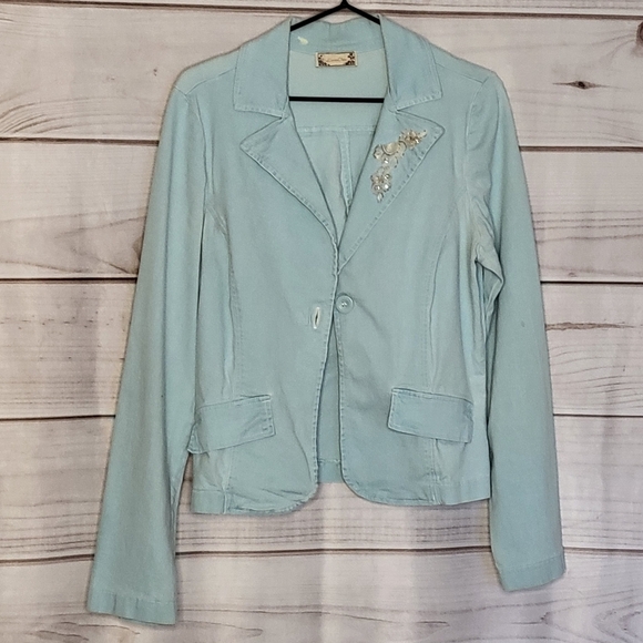 Luna Chix, Teal Denim Jacket with Floral Applique - Picture 1 of 2